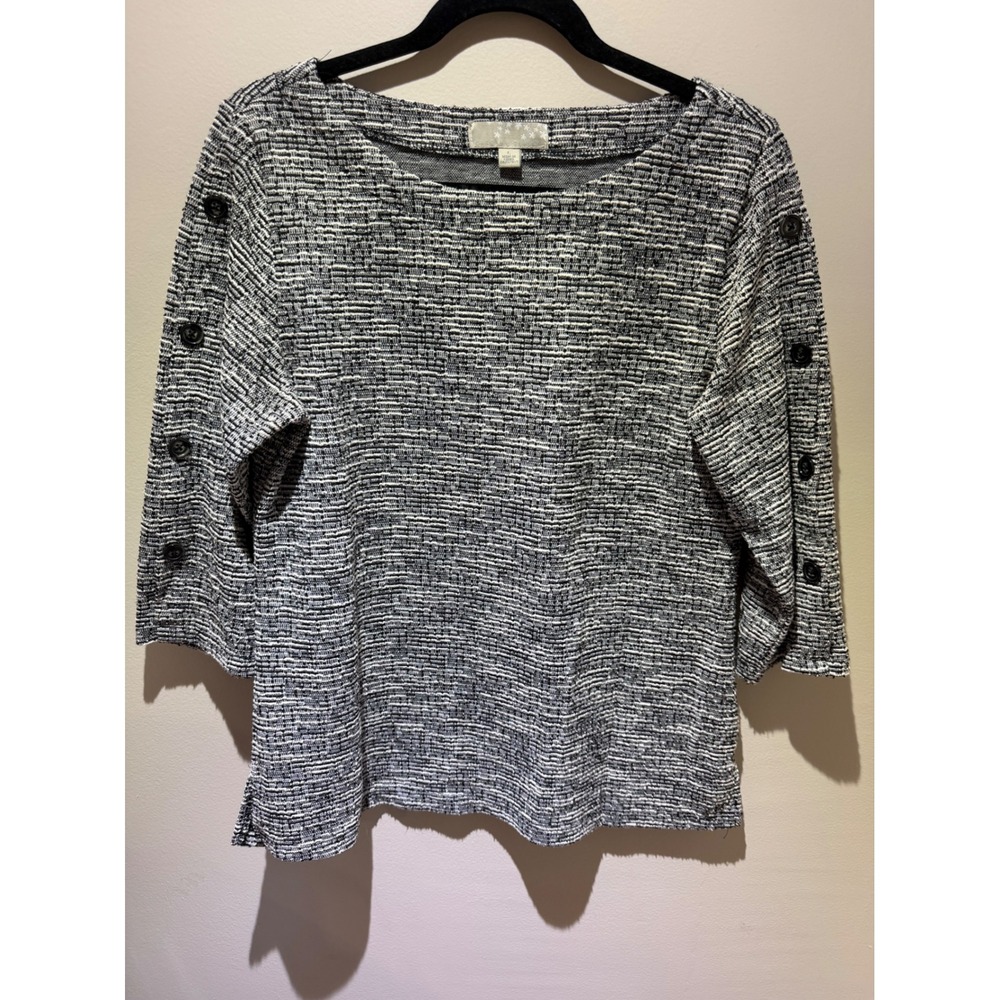 Marc New York Performance Black White Textured Knit Button Sleeve Top Large
